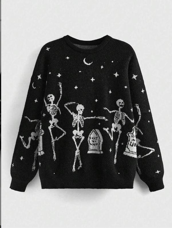 Women's Halloween Skeleton & Star & Moon Print Round Neck Sweater, Casual Long Sleeve Crew Neck Jumper for Fall, Halloween Costumes Woman 2024, Fashion Ladies' Knitwear for Daily Wear